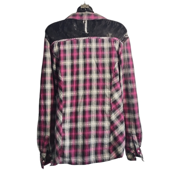 Adiktd Women's Plaid Pearl Snap Western Lace Trimmed Embellished Rodeo Shirt L - Picture 2 of 12